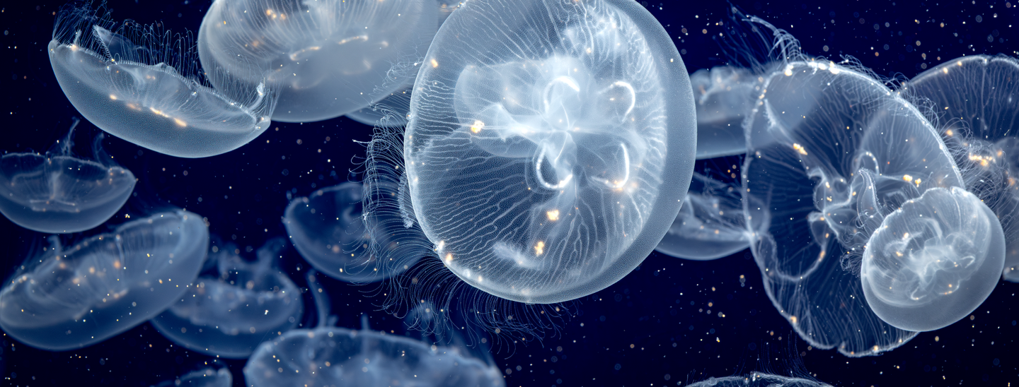 Moon jellies drifting in dark deep water translucent jellyfish with visible marine snow