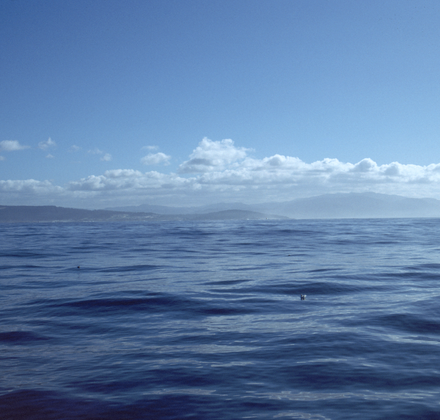 Calm blue ocean filling the bottom half, clear blue sky above with a single stretched white cloud