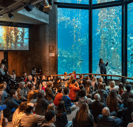 A naturalist presents at the Kelp Forest exhibit while a diver feeds and a large crowd sits on the floor and watches