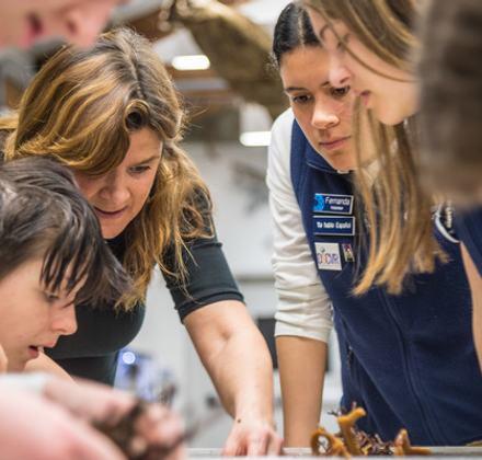 Monterey Bay Aquarium staff and teens huddled closely together, examining marine specimens on a lab table