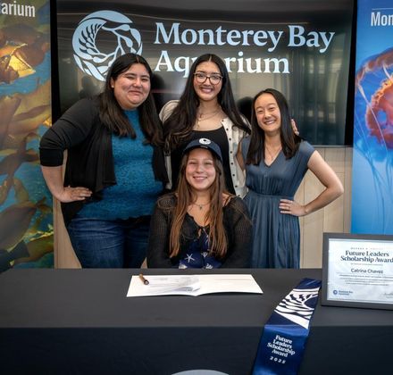 Three scholarship recipients stand smiling behind a fourth sitting and smiling recipient