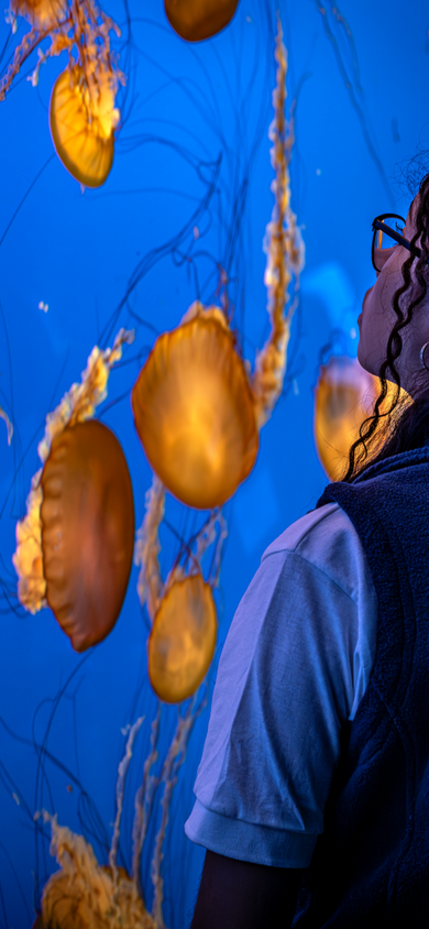Teen gazing up at glowing golden sea nettles drifting through a blue-lit exhibit