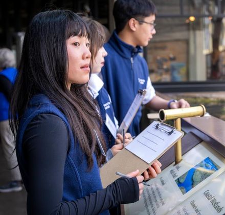 Teen volunteers holding clipboards look into the aviary exhibit at the Aquarium