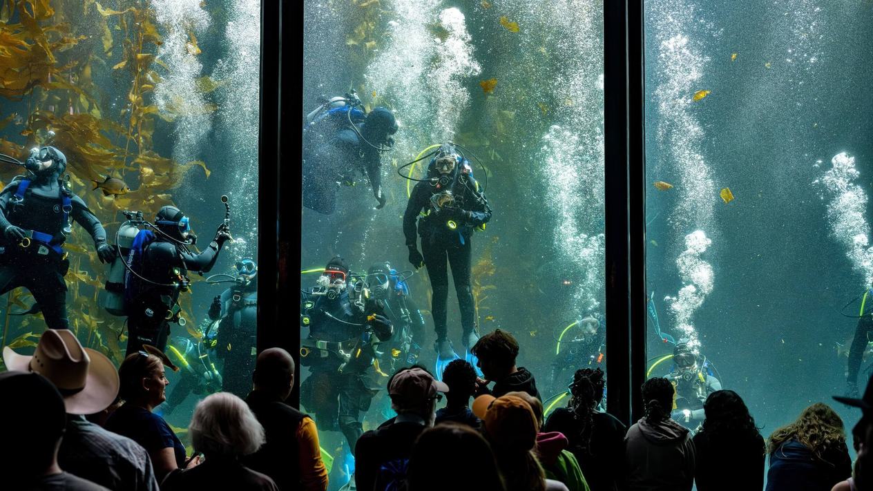 Volunteer divers in the Kelp Forest exhibit cleaning the windows while a with a group of enthusiastic visitors watch on