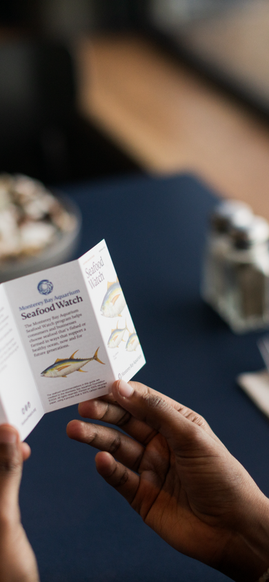 Hands holding a Seafood Watch guide at a restaurant table with meal in background