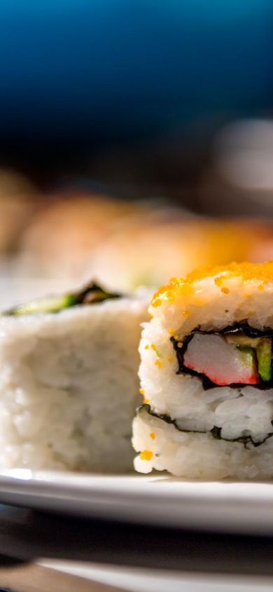 Pieces of sustainable sushi on a plate served at a Monterey Bay Aquarium event