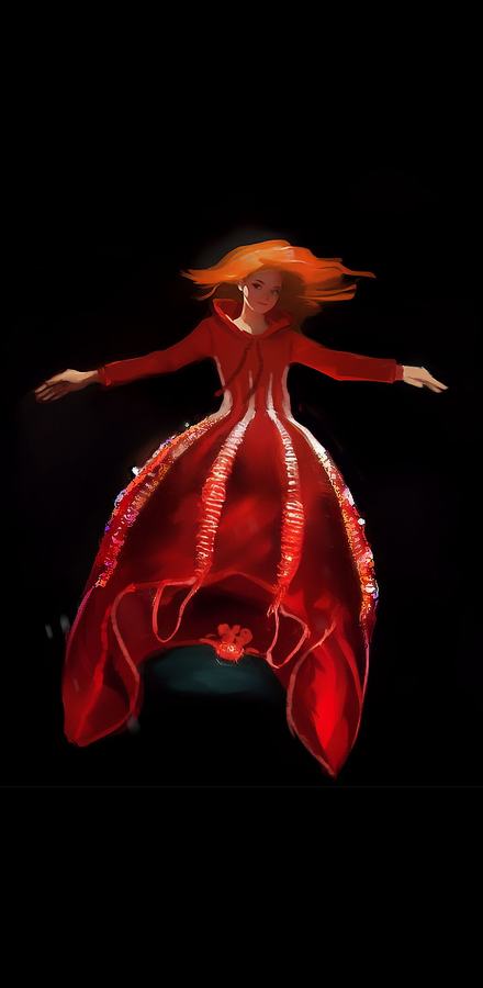 A panel from Swim Down story of a person floating in dark water and their clothing is turning in a bloody belly jelly